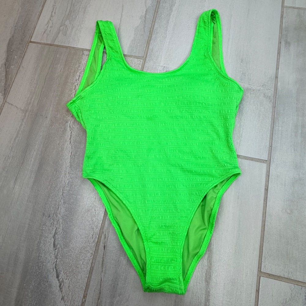 Mosmann Australia Neon Green Crinkle One Piece Swimsuit Medium ScoopBack HighCut
